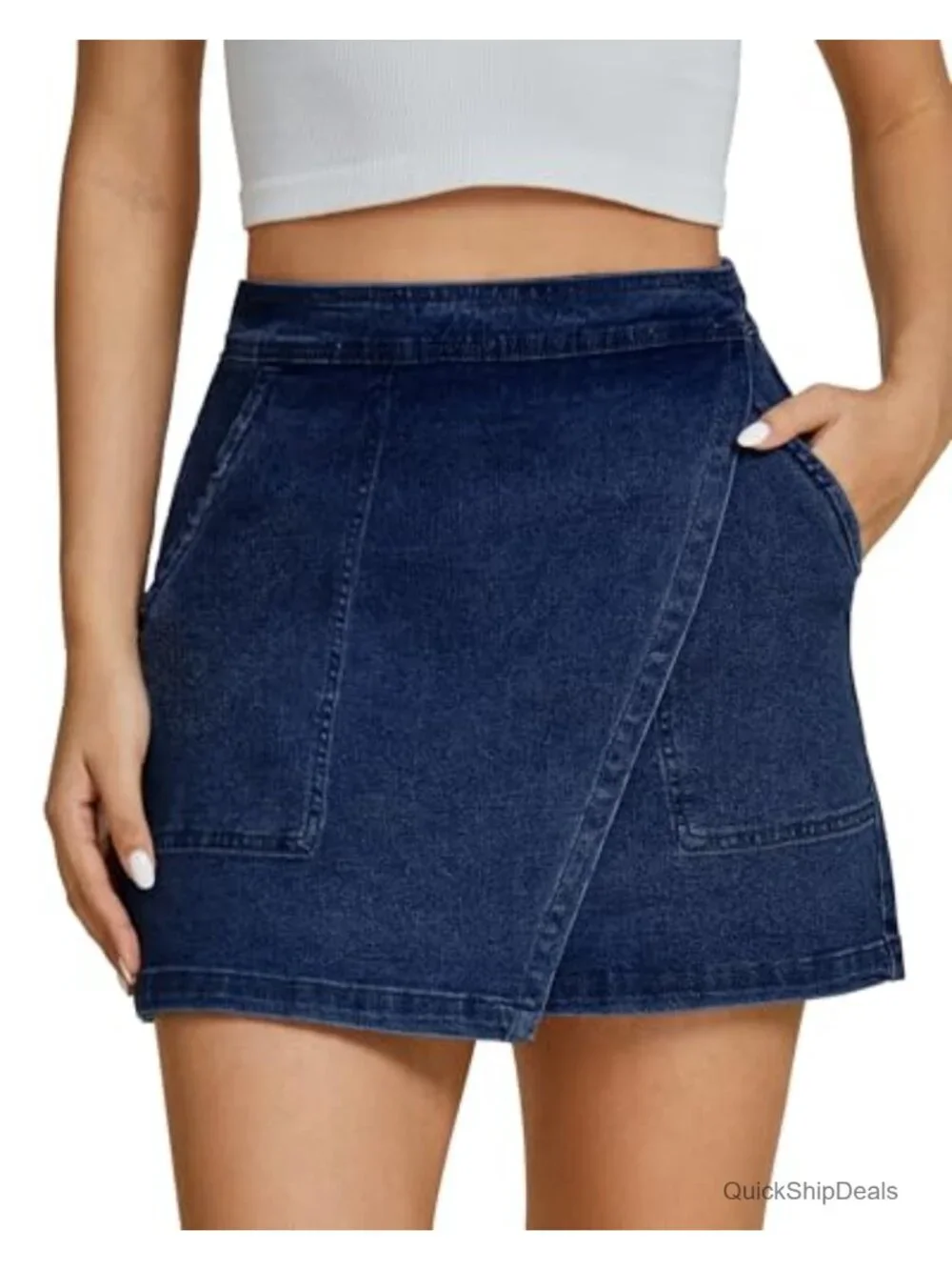 High Waisted Denim Mini Skirt with Pockets, Stretchy Wrap Skirt for Women